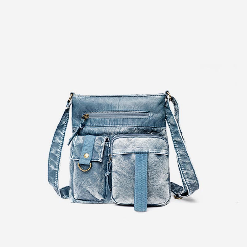 Umhängetasche für Damen, gewaschene, lässige Schultertasche aus Denim-Leder