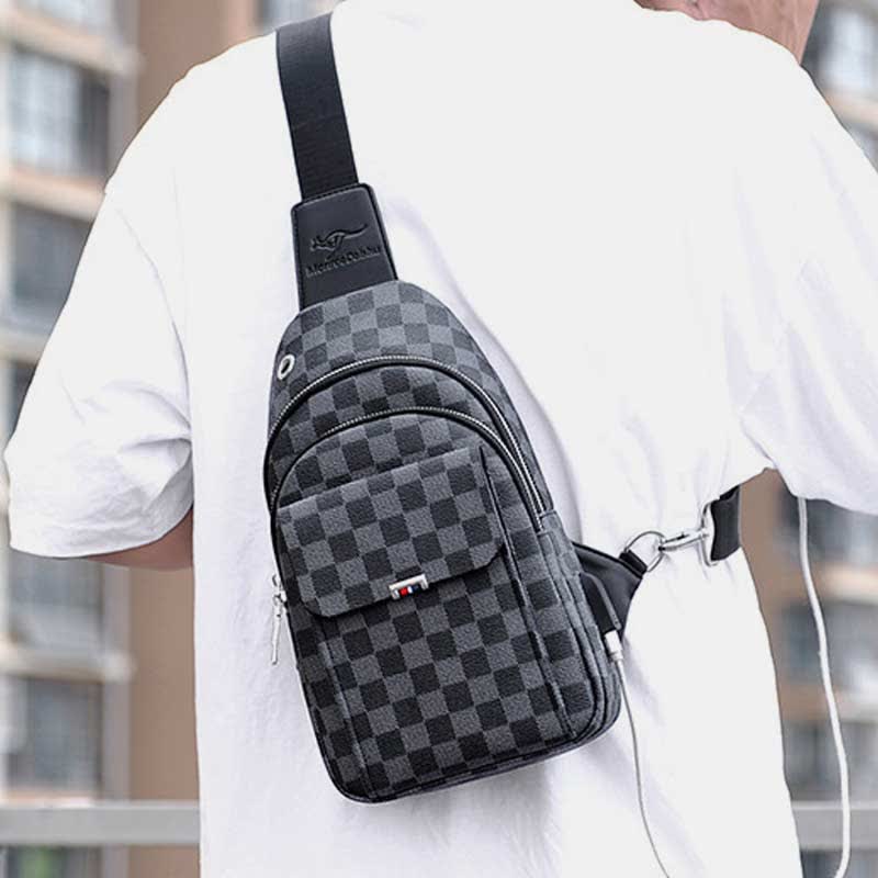 Mehrzweck-Schultertasche aus lässigem, kariertem Leder für Herren, Umhängetasche, Schulterrucksack