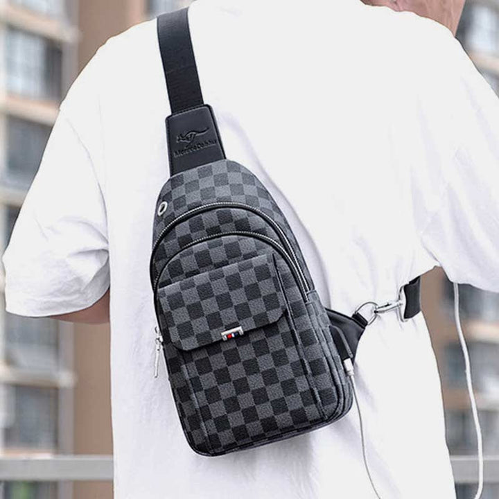 Mehrzweck-Schultertasche aus lässigem, kariertem Leder für Herren, Umhängetasche, Schulterrucksack