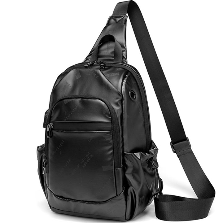 Kleine schwarze Sling-Umhängetasche für Damen und Herren, Tagesrucksack mit USB-Ladegerät