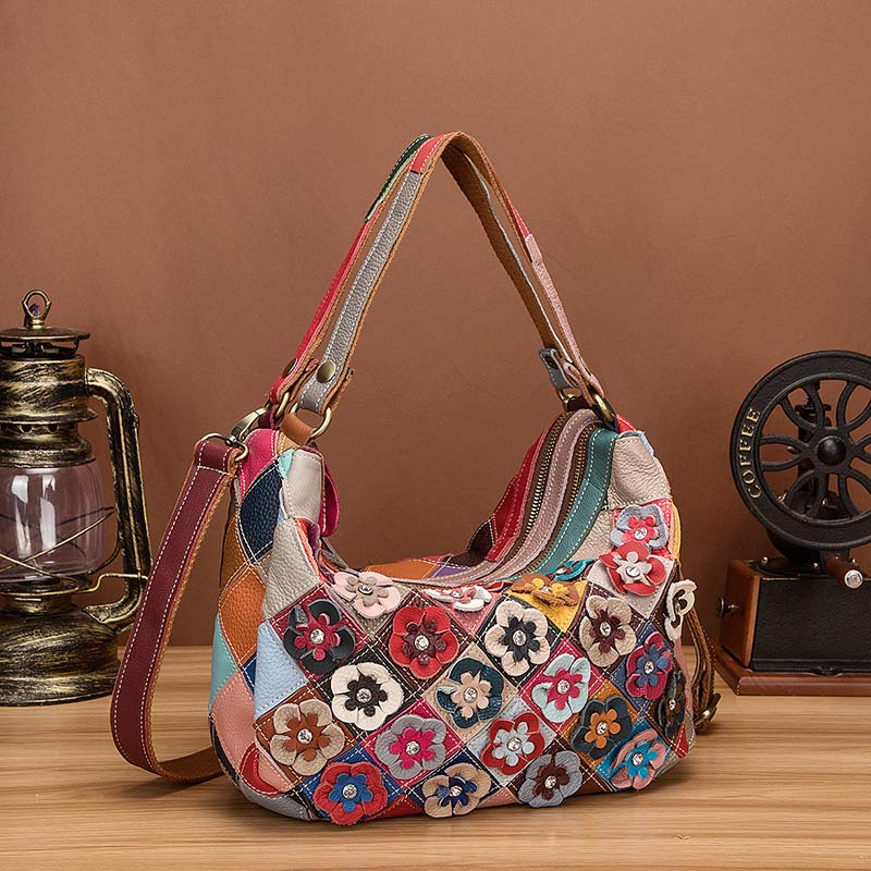 Mehrfarbige Boston-Tasche aus echtem Leder mit Blumenmuster, Hobo-Tragetasche, Umhängetasche