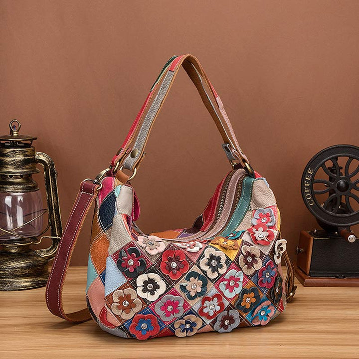 Mehrfarbige Boston-Tasche aus echtem Leder mit Blumenmuster, Hobo-Tragetasche, Umhängetasche