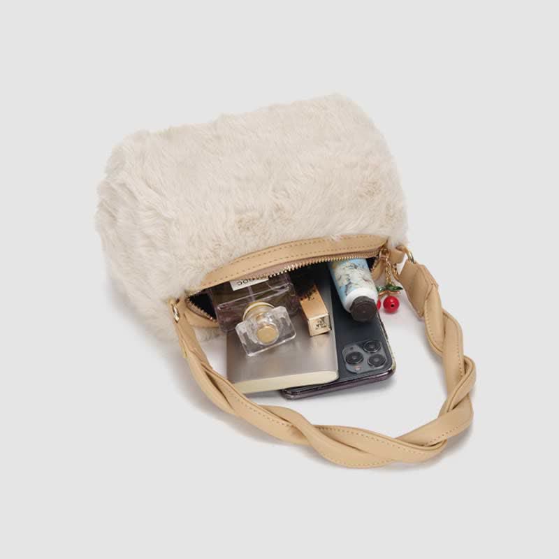 Damen Winter Plüsch Handtasche Flauschige Kirsche Crossbody Schultertasche Hobo Bag