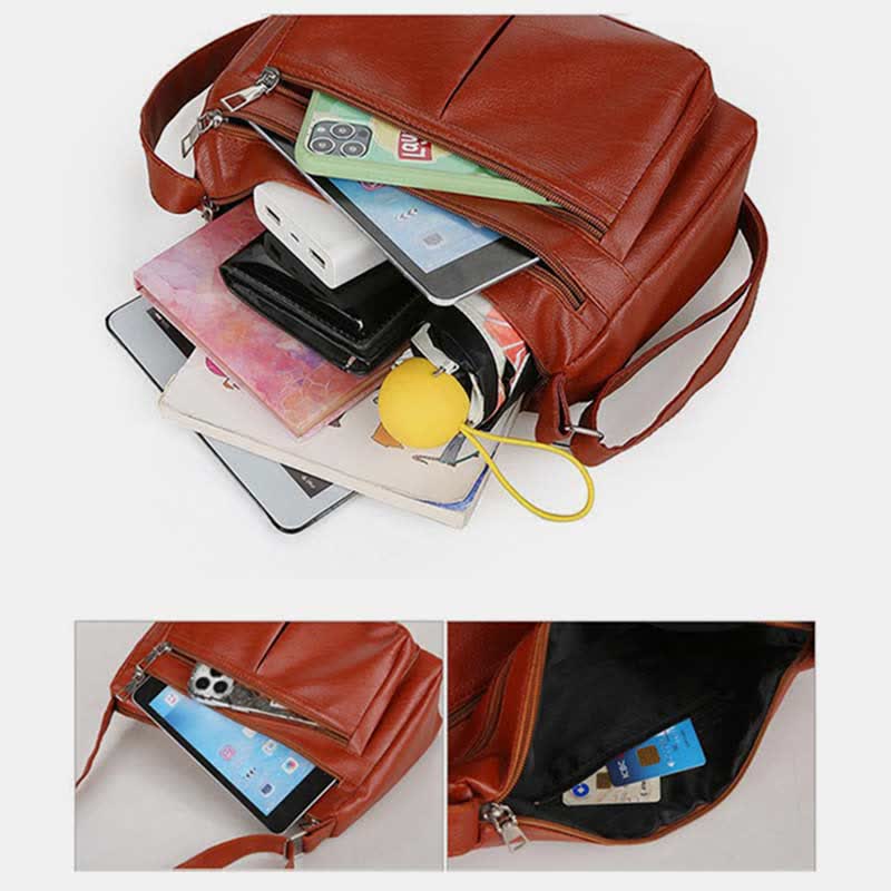 Umhängetasche mit 3 Reißverschlüssen für Damen, leichte, wasserdichte Schultertasche aus Leder