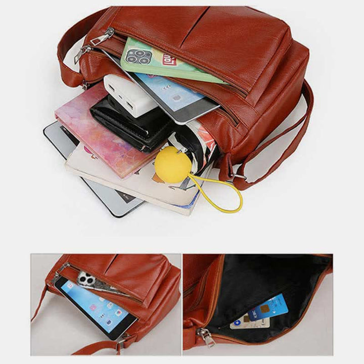 Umhängetasche mit 3 Reißverschlüssen für Damen, leichte, wasserdichte Schultertasche aus Leder