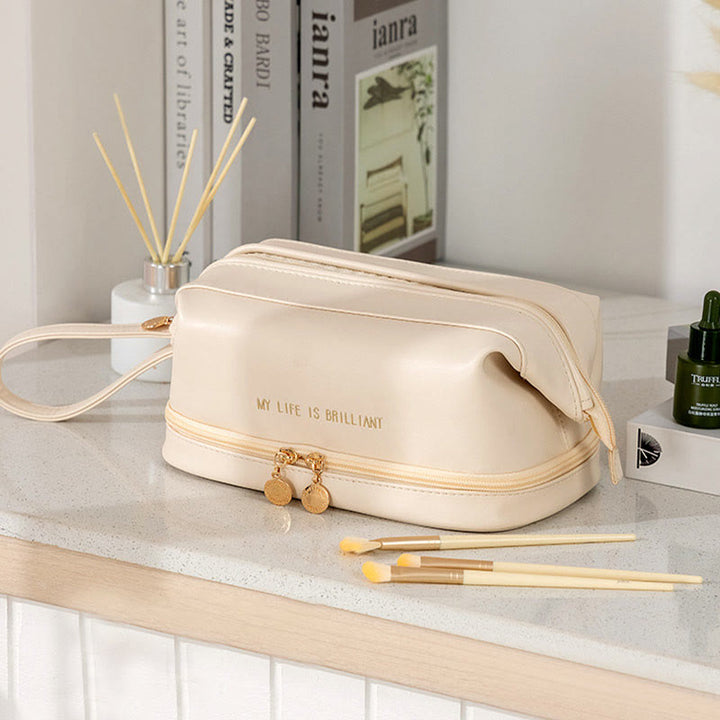 Make-up-Tasche für Damen, tragbare Reise-Kulturtasche aus Leder