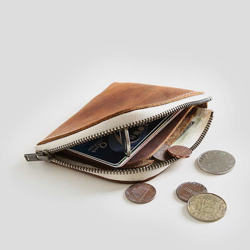 Retro-Geldbörse aus echtem Leder, schmale Geldbörse mit Reißverschluss