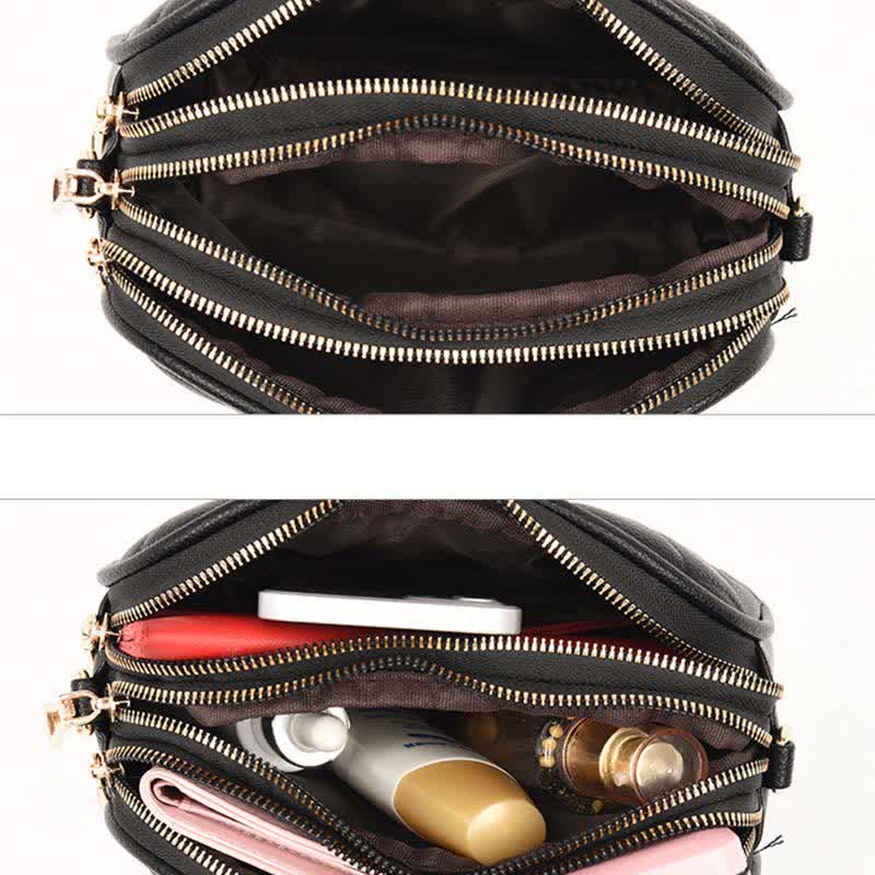 Umhängetasche mit 3 Reißverschlüssen für Damen, gestepptes Kunstleder, kleine Schultertasche