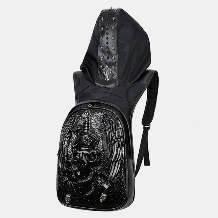 3D-Totenkopf-Rucksack, Gothic-Nieten, Laptop-Rucksack mit Kapuzenmütze