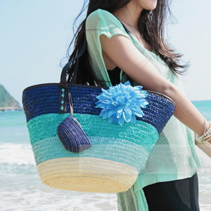Sommerblumen-Strandtasche aus gewebtem Stroh, Reisetasche