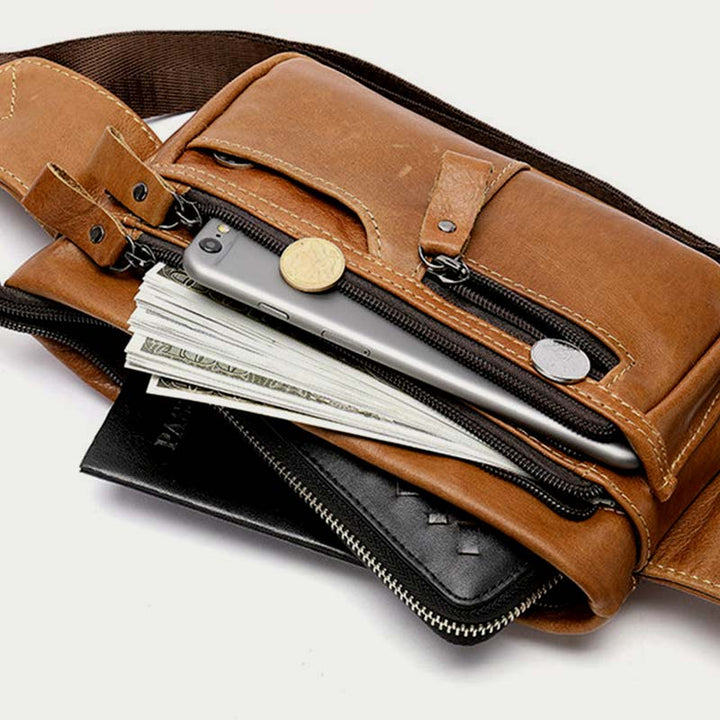 Klassische Sling Bag aus Leder für Herren, Gürteltasche mit verstellbarem Riemen