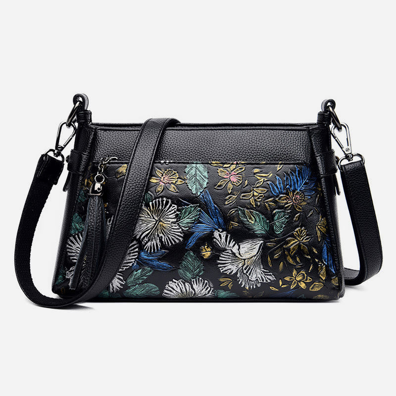 Umhängetasche mit Blumenmuster für Damen, Geldbörse mit Quaste und Libellen-Print
