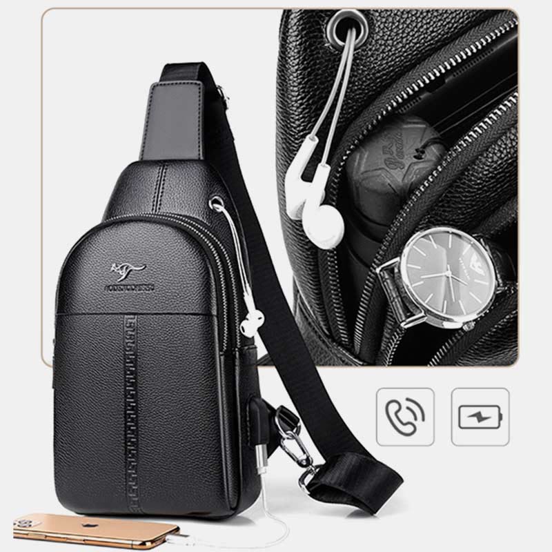 Sling Bag für Herren, schwarzes Leder, lässige Einkaufs-Umhängetasche