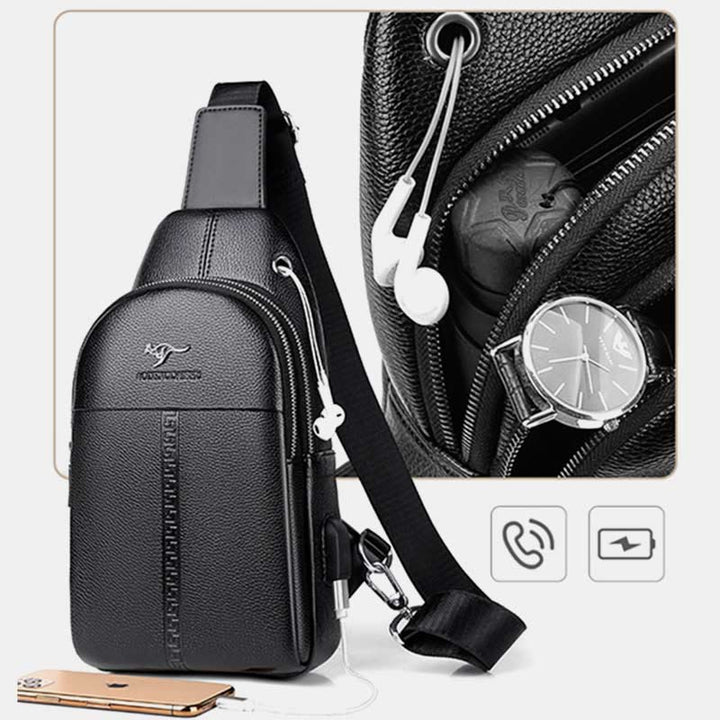 Sling Bag für Herren, schwarzes Leder, lässige Einkaufs-Umhängetasche