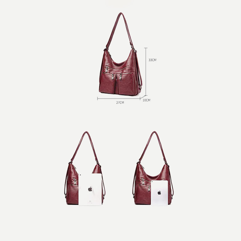 3-Wege-Rucksack mit mehreren Taschen, Umhängetasche aus Leder mit Reißverschluss