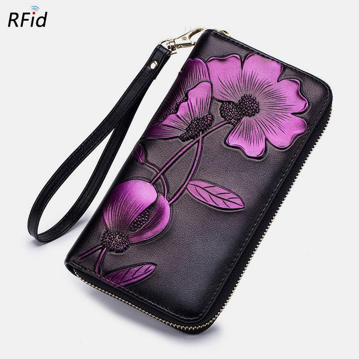 RFID-Geldbörse aus echtem Leder mit Vintage-Blumenprägung