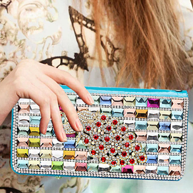 Lange Lederclutch für Damen mit Diamanten besetzte Münzbörse
