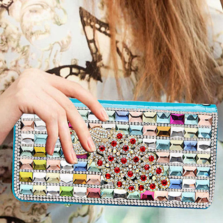 Lange Lederclutch für Damen mit Diamanten besetzte Münzbörse