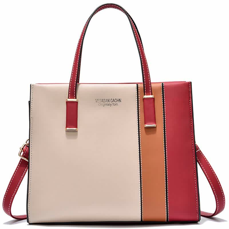 Damen Handtasche aus Leder mit Henkel, modisch, mit Farbblock-Muster, Umhängetasche