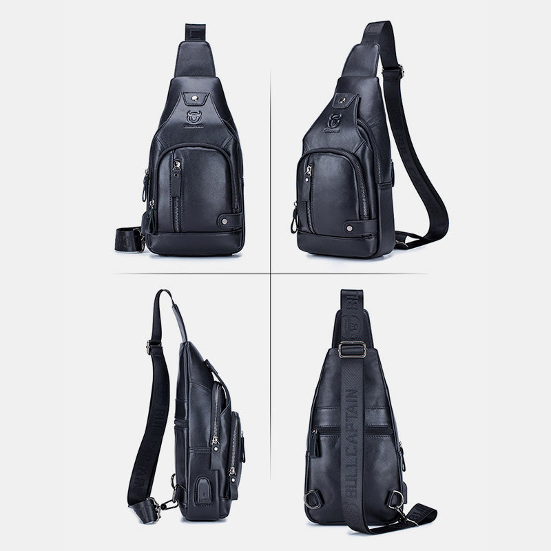 Schultertasche aus echtem Leder mit USB-Ladefunktion