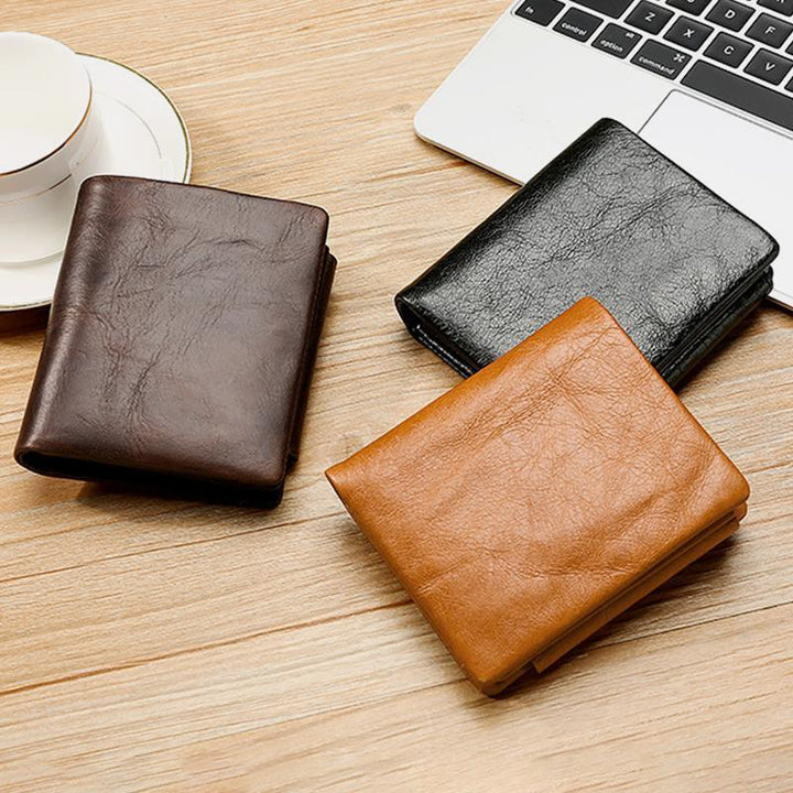 Dreifach gefaltete RFID-Geldbörse aus echtem Leder im Vintage-Stil