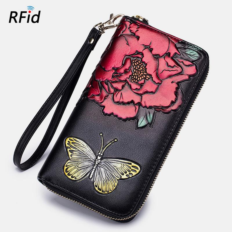 RFID-Geldbörse aus echtem Leder mit Vintage-Blumenprägung