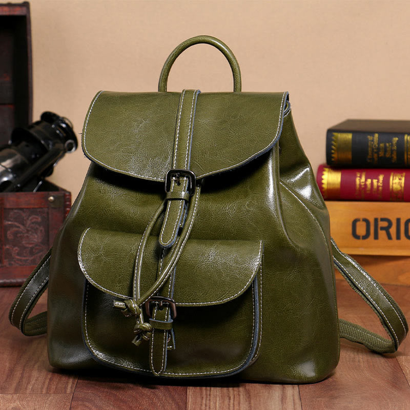 Klassischer Tagesrucksack für Damen, Ausflugsrucksack aus Leder mit Kordelzug