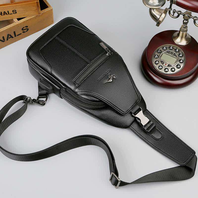 Sling-Brusttasche aus Leder mit mehreren Taschen für Männer mit USB-Ladeanschluss