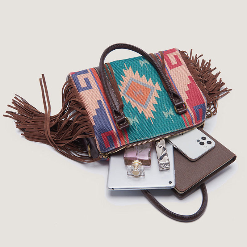 Vintage Handgewebte Boho Tote Tasche mit Quaste und Henkel und Umhängegurt