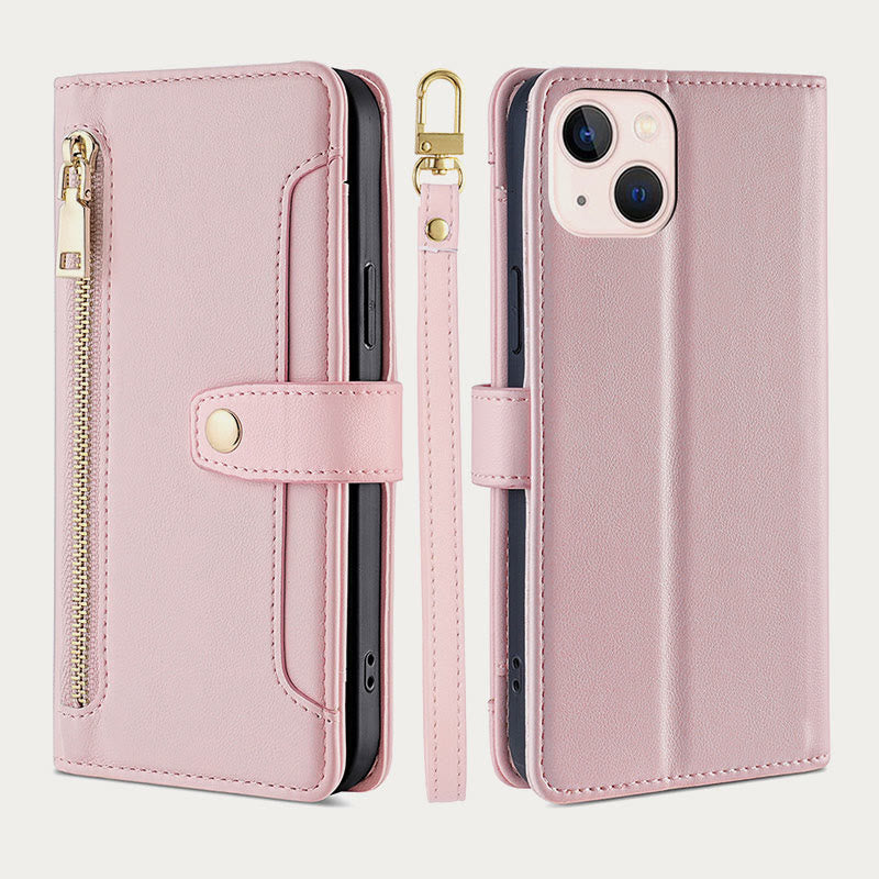 Kunstleder Wallet Case Handyhülle für iPhone mit Schultergurt