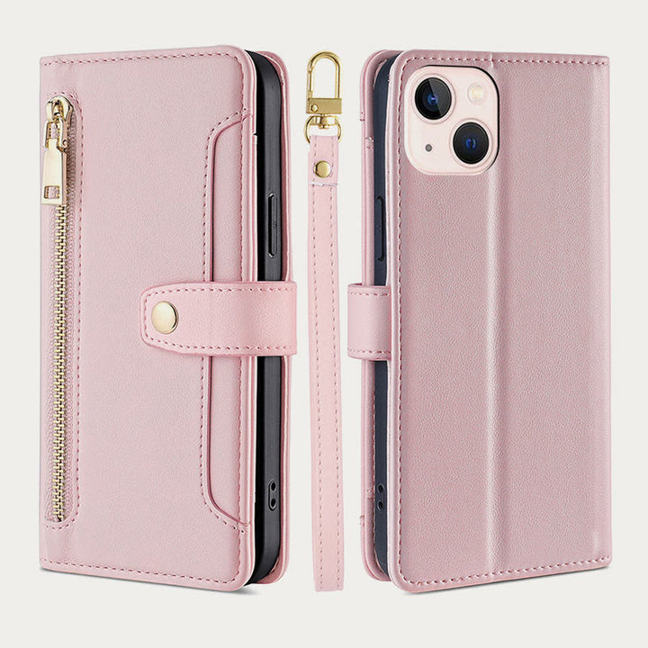 Kunstleder Wallet Case Handyhülle für iPhone mit Schultergurt