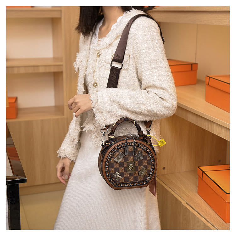 Top-Griff-Tasche für Damen Vintage breite Riemen kleine runde Tasche