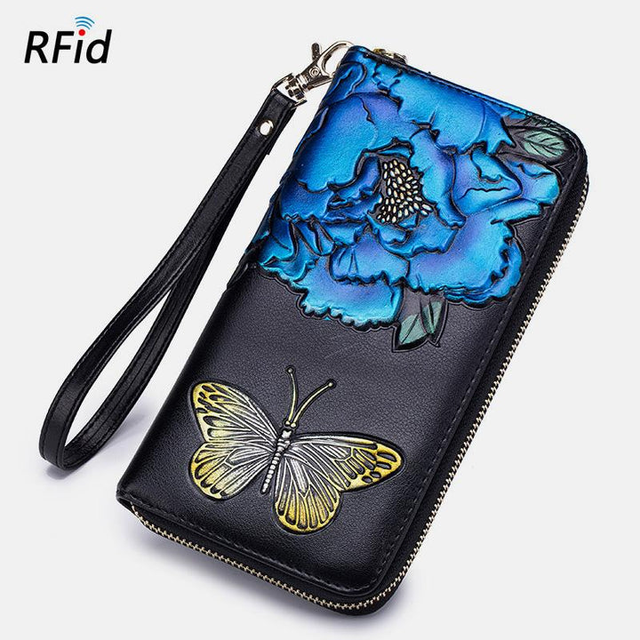 RFID-Geldbörse aus echtem Leder mit Vintage-Blumenprägung