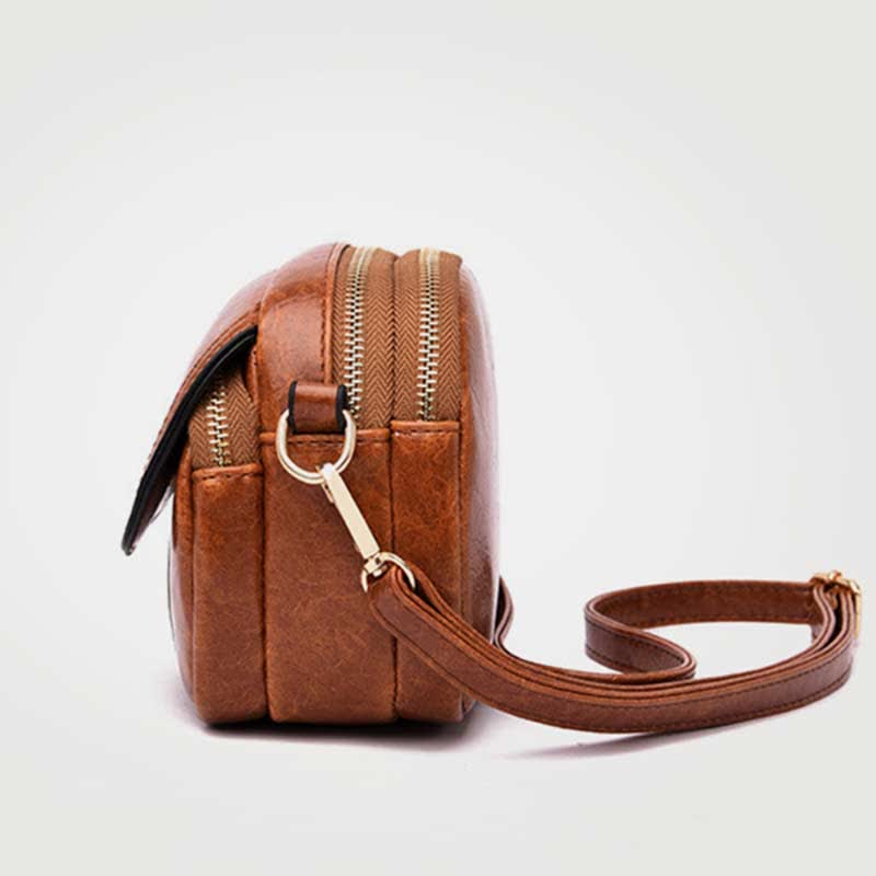 Kleine Umhängetasche aus Leder mit dreifachem Reißverschluss, Schultertasche für Damen
