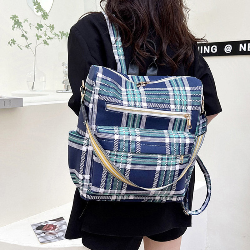 Multifunktionaler, lässiger Damen-Rucksack, Tagesrucksack aus Leder mit kariertem Muster und Schultergurt