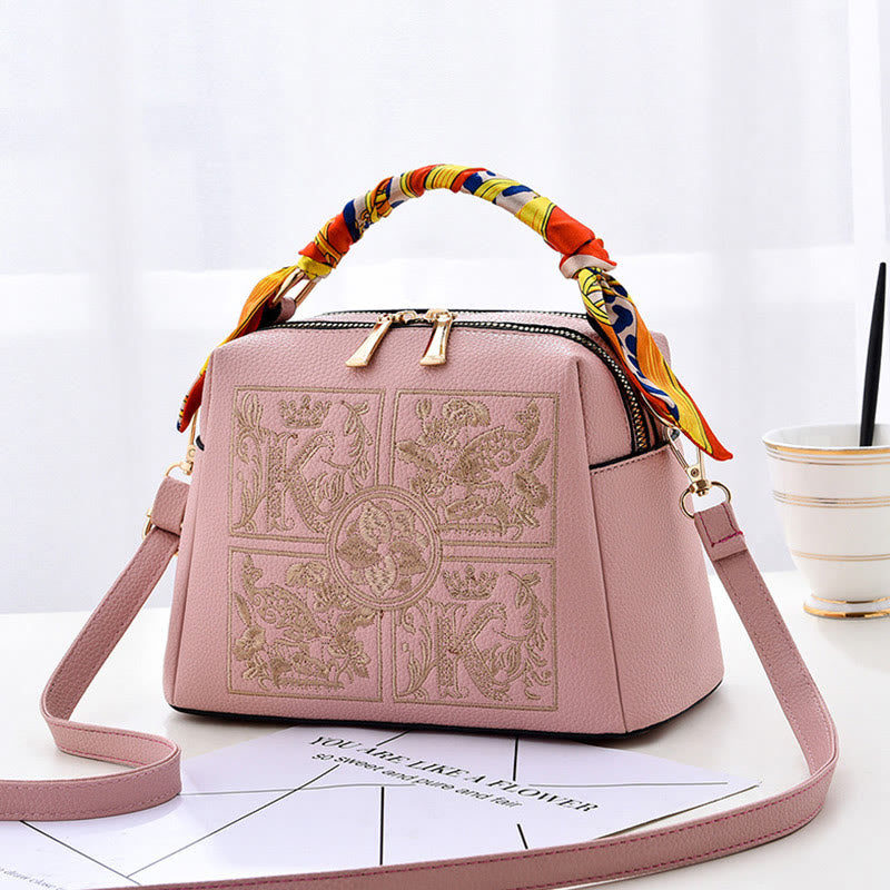Top-Griff-Tasche für Damen, bestickte tragbare Umhängetasche aus Leder