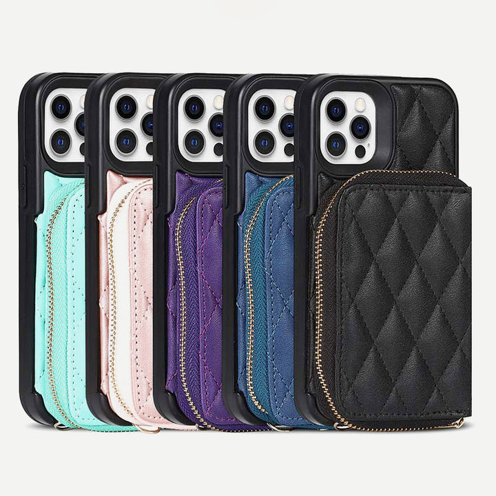 iPhone-Handyhülle, gestepptes Leder, Brieftaschen-Hülle, Kartenhalter mit Umhängegurt