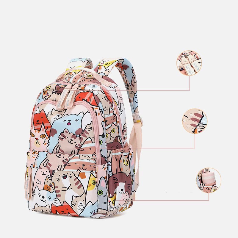 Rucksack für Damen, lustiger Katzen-Cartoon-Druck, wasserdichte Schulhandtasche