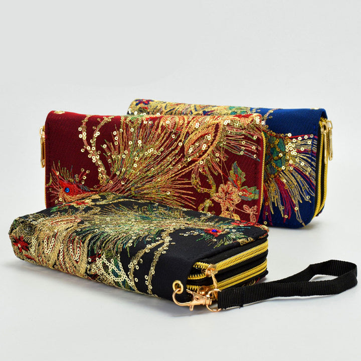 Vintage National Pfau Stickerei Lange Brieftasche Clutch