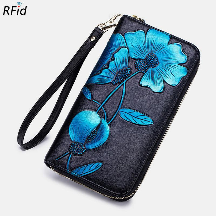 RFID-Geldbörse aus echtem Leder mit Vintage-Blumenprägung