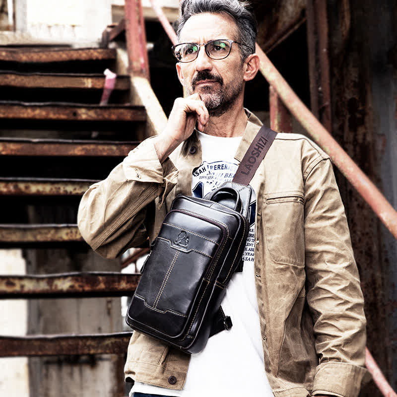 Kleiner Sling-Crossbody-Rucksack aus echtem Leder für Herren
