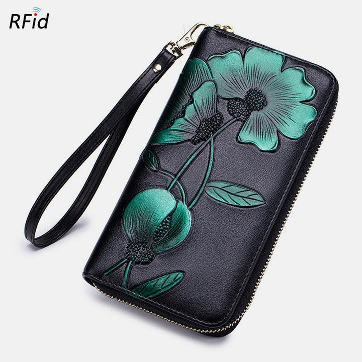 RFID-Geldbörse aus echtem Leder mit Vintage-Blumenprägung