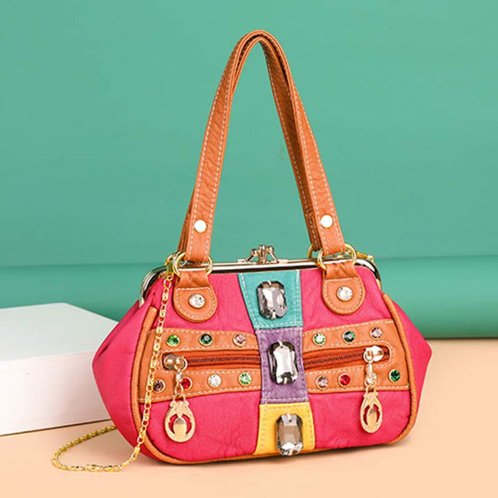 Retro Doppellagige Kiss-Lock Schulterhandtasche Party Abendtasche mit Umhängekette