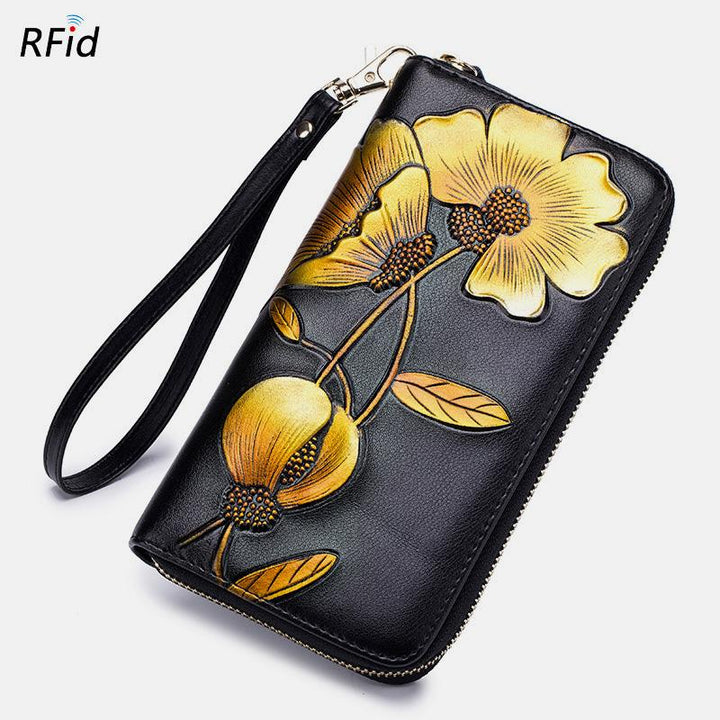 RFID-Geldbörse aus echtem Leder mit Vintage-Blumenprägung