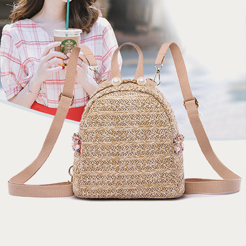 Strohrucksack für Damen, Mini-Tagesrucksack für den Außenbereich, leicht, lässig