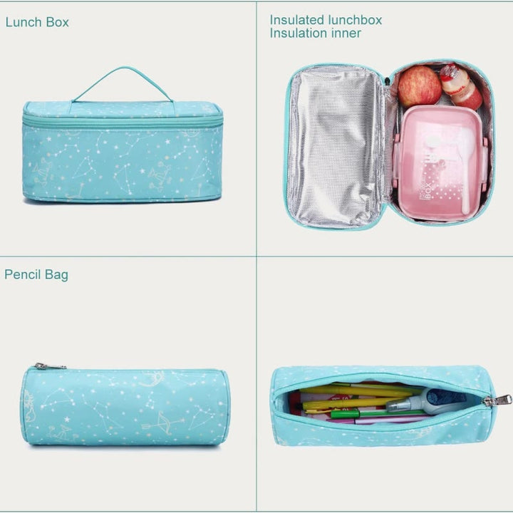 Rucksack für Mädchen, Stickerei, Schultasche mit Lunchbox für Kinder und Teenager