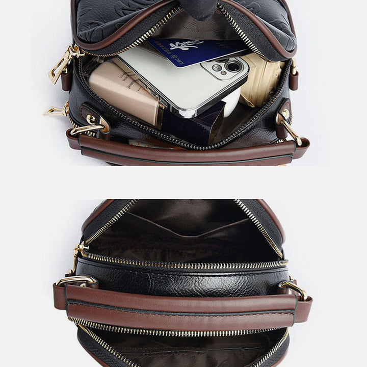 Handtasche mit Blumenprägung für Damen, Umhängetasche mit zwei Fächern
