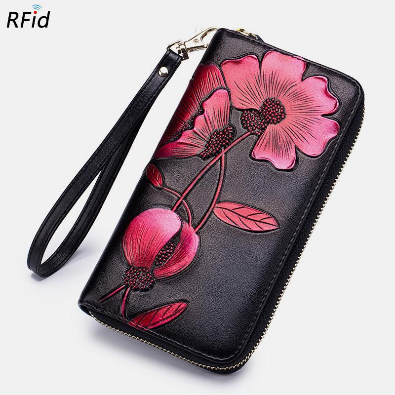 RFID-Geldbörse aus echtem Leder mit Vintage-Blumenprägung