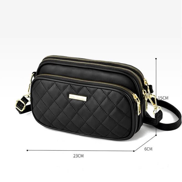 Umhängetasche mit drei Reißverschlüssen, gestepptes Leder, Schultertasche für Damen