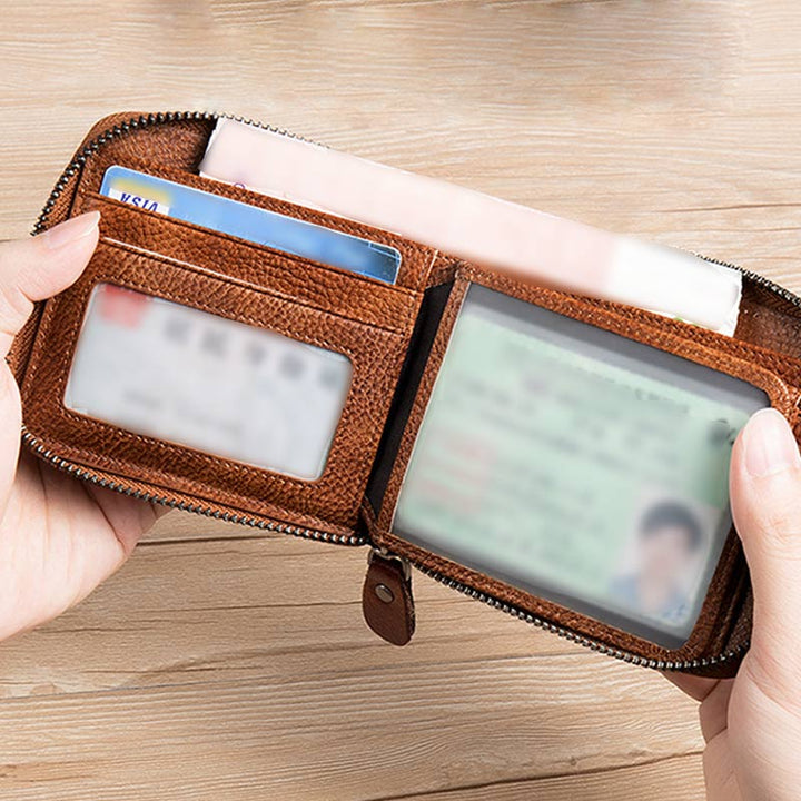 RFID-Diebstahlschutz Vintage-Geldbörse aus echtem Leder mit Reißverschluss